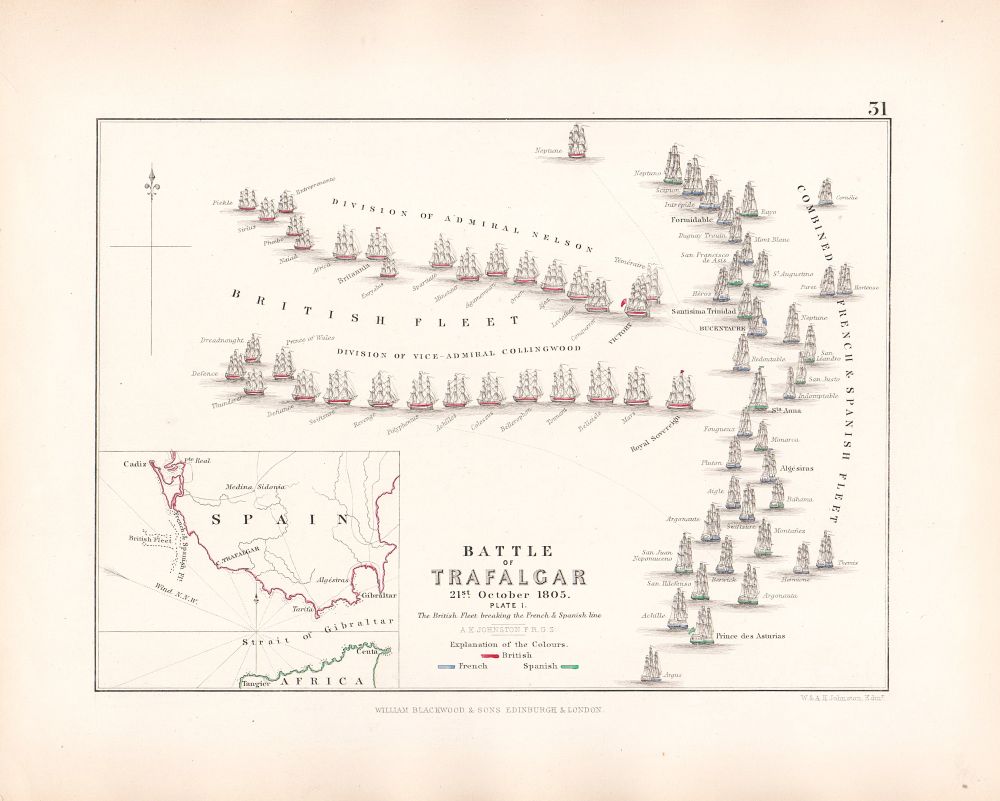 Battle of Trafalgar 21st October, 1805.  Plate 1 - The British Fleet breaking the French and Spanish line. 