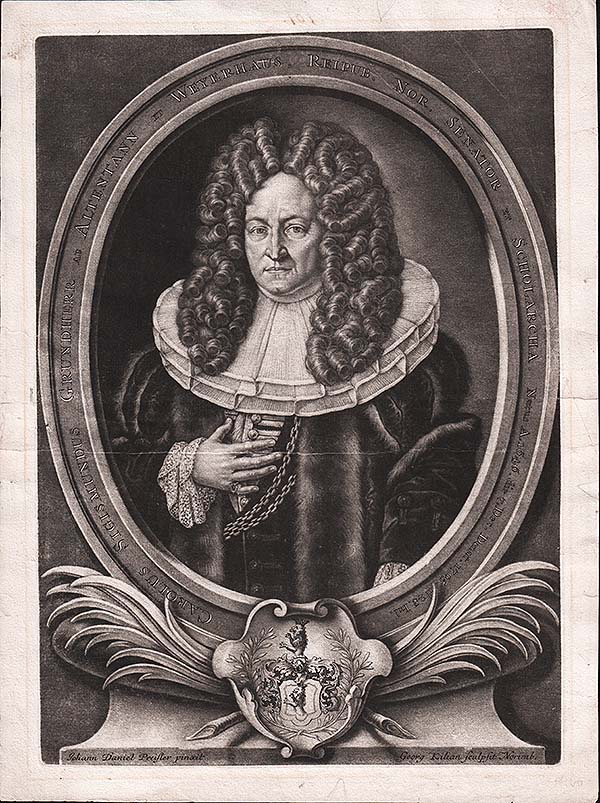 Carolus Sigismundus  Grundherr  Altenthann et Weyerhaus  Reipub  Nor  Senator er Scholarchia  Natus  1646  die 1705