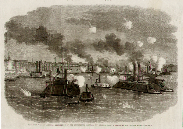 The Civil War in America  :  Destruction of the Confederat Flotilla off Mephis.
