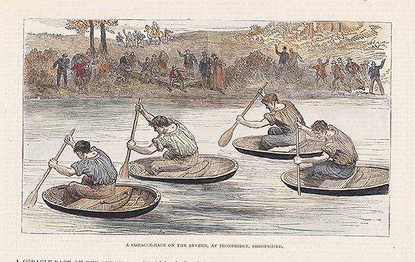 A Coracle Race on the Severn at Ironbridge, Shropshire.