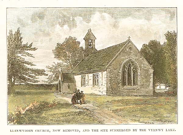 Llanwddyn Church now removed and the site submerged by the Vyrnwy Lake 