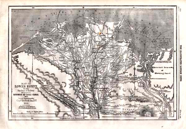 Map of Lower Egypt showing 'The Lines of Railway and projected Isthmus of Suez Canal with Latest Corrections by Captn Bedford Pim  RN 1859'  
