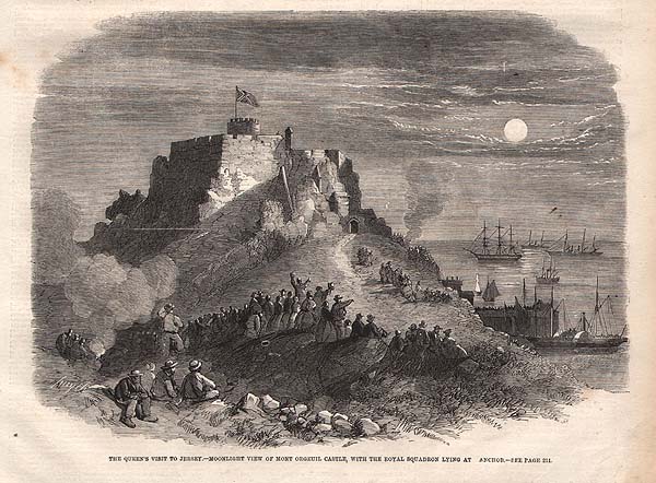 The Queen's visit to Jersey  -  Moonlight view of Mont Orgeuil Castle with the Royal Squadron lying at anchor