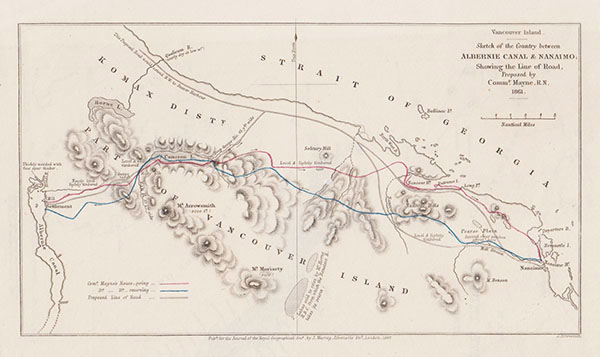 Sketch of the Country between Albernie Canal & Nanaimo  Showing the Line of Road Proposed by Commr Mayne  RN 1861