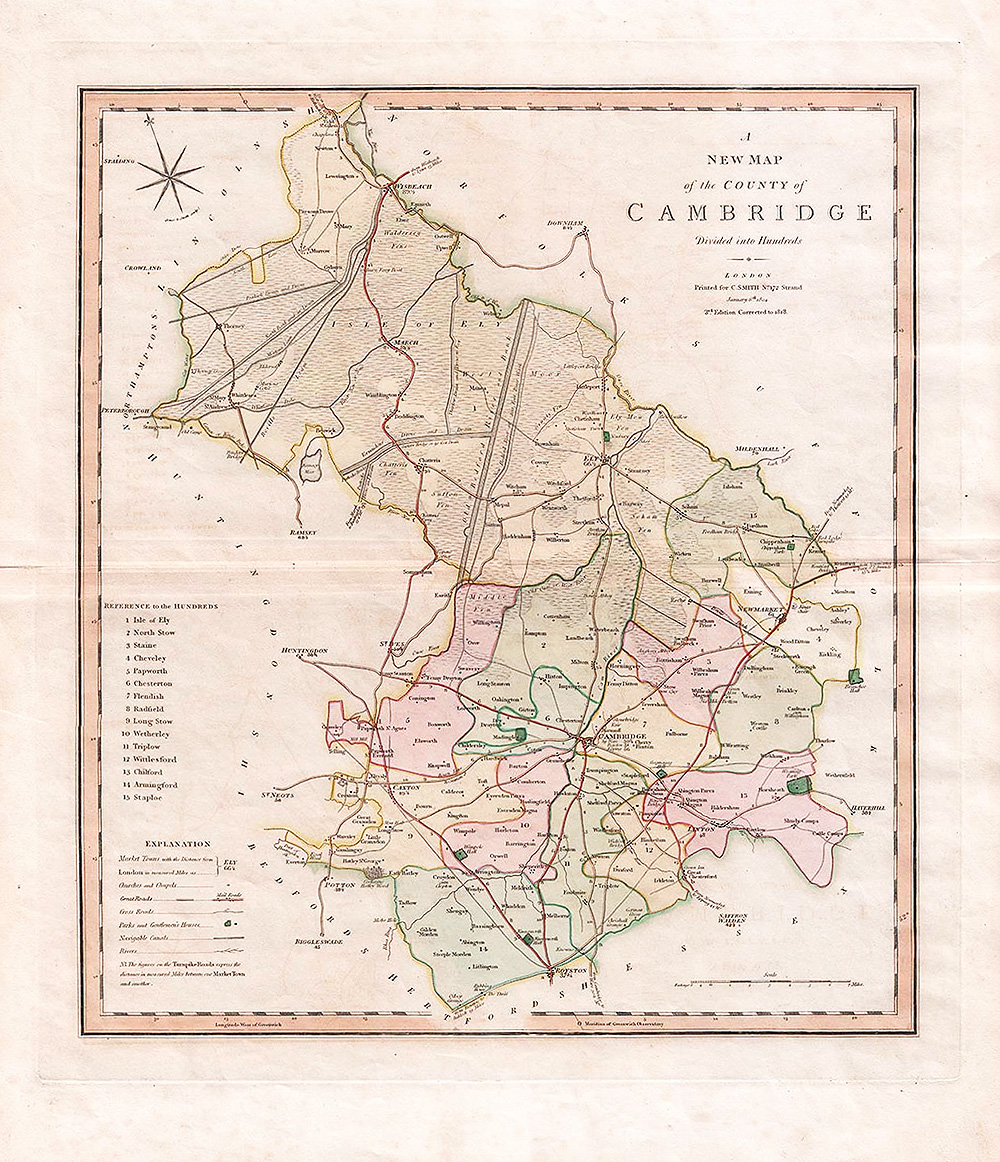A New Map of the County of Cambridge Divided into Hundreds - Charles Smith.