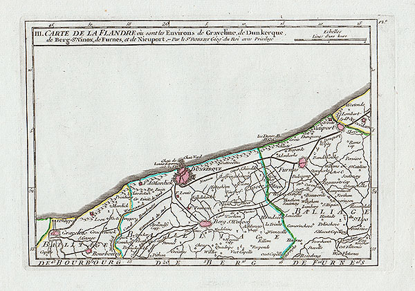 Carte De La Flandre ou sont les Environs de Graveline de Dunkerque de Berg St Vinox de Furnes et de Nieuport par le  St Robert Geog du roi avec privelege 