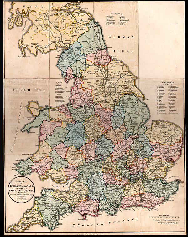 A New Map of England & Wales adapted to Cary's New Itinerary shewing the Whole of the Roads Direct & Cross contained in that Work'   -   John Cary