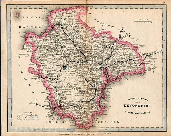 George Frederick Cruchley - Railway & Station map of Devonshire with the Names of the Stations