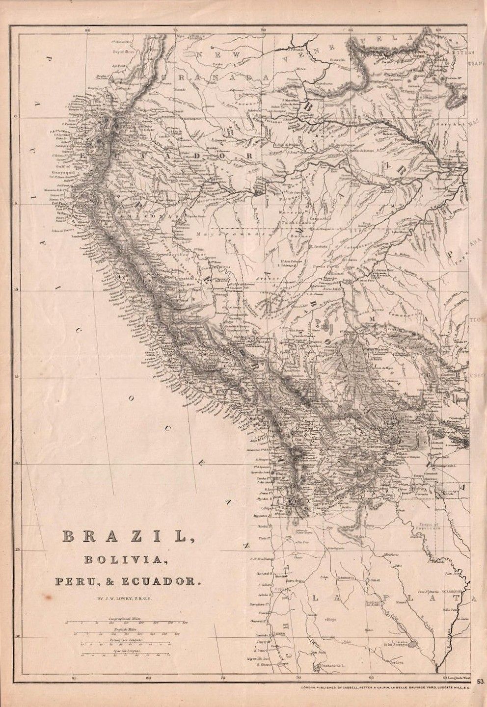 J. W. Lowry.  F.R.G.S. - Brazil, Bolivia, Peru and Equador.   (View 2 sections of the map)