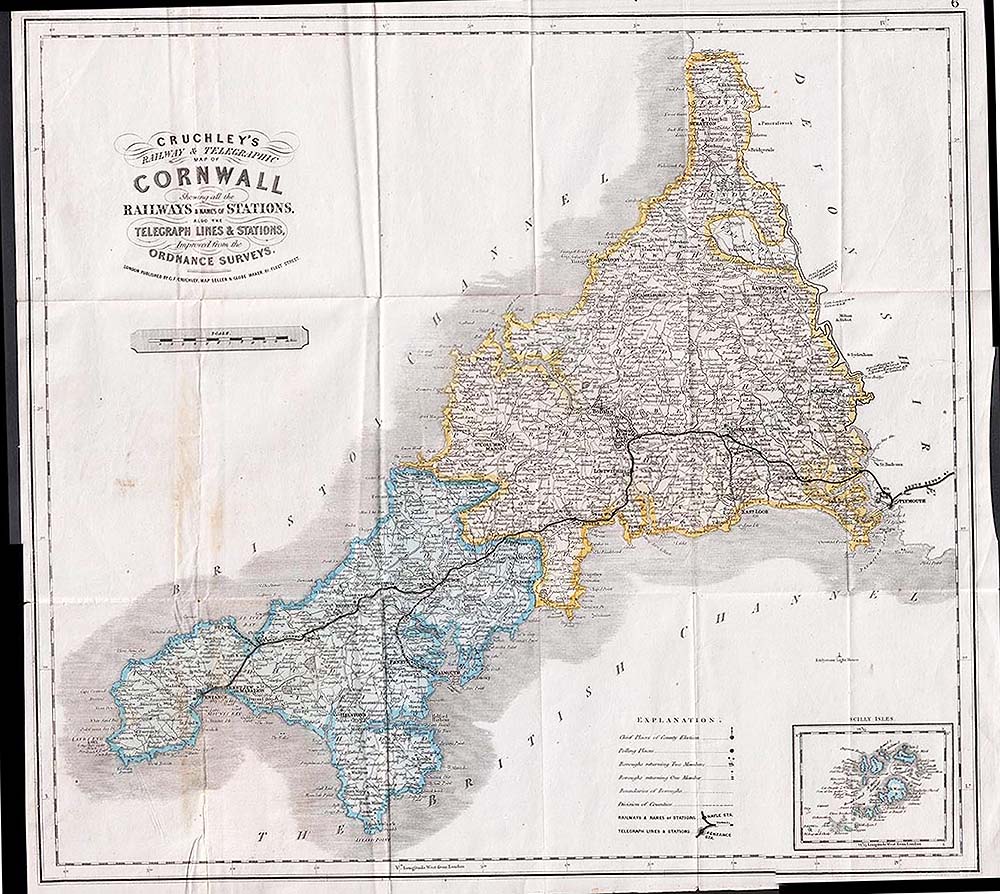 Cruchley's Railway & Telegraphic Map of Cornwall showing all the Railways & Names of Stations Improved from the Ordnance Surveys 