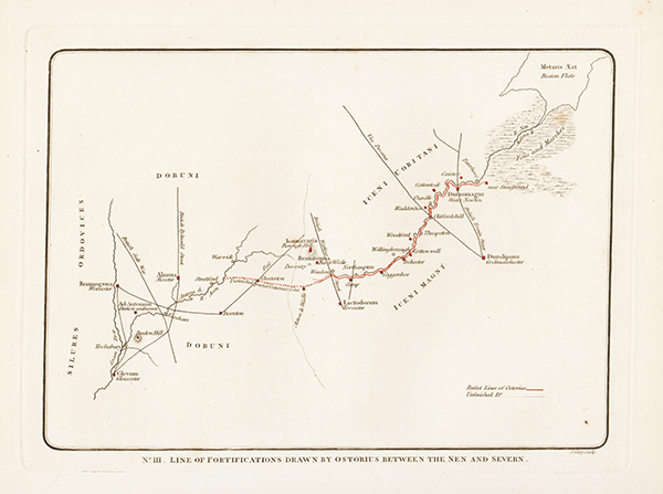 Line of Fortifications drawn by Ostorius between The Nen and Severn - John Cary 