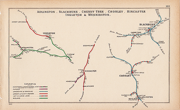Pre Grouping railway junction around Adlington Blackburn Cherry Tree Chorley Hincaster Ingleton & Wennington