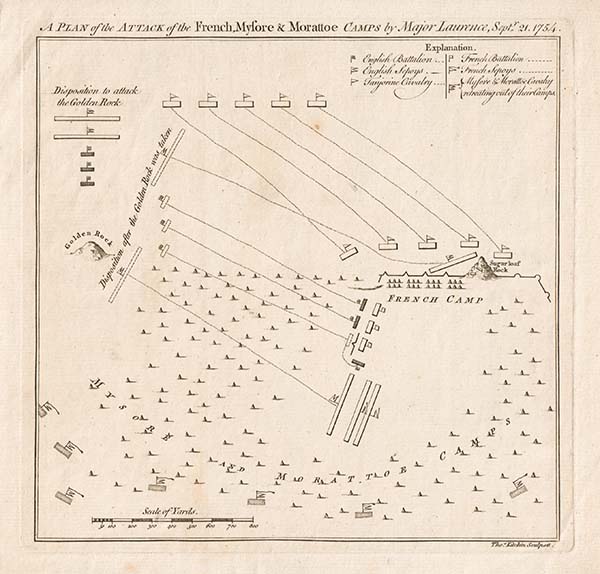 A Plan of the Attack of the French Mysore & Morattoe Camps by Major Laurence Sept 21 1754
