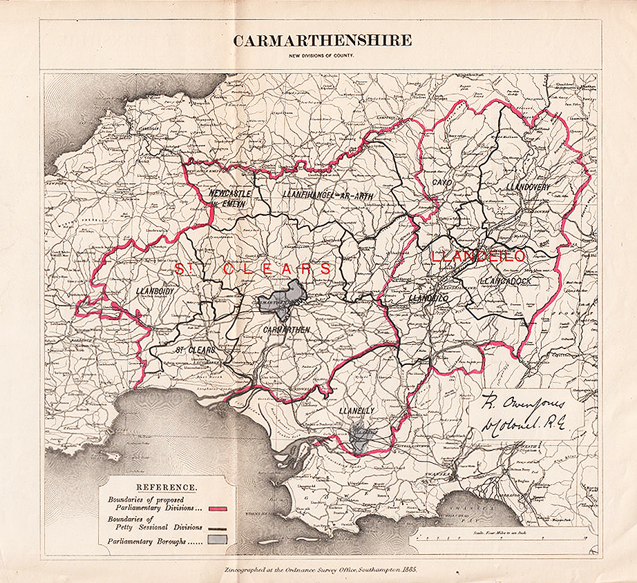 Carmarthenshire  -  Map of the Report of the Boundary Commissioners for England and Wales 1885