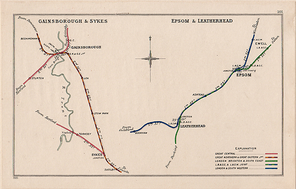 Pre Grouping railway junction around Gainsborough & Sykes; Epsom & Leatherhead 