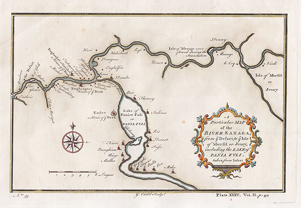 A particular map of the River Sanaga from ye desart to ye Isle of Morfil or Jvory including the Lake of Pania Fuli
