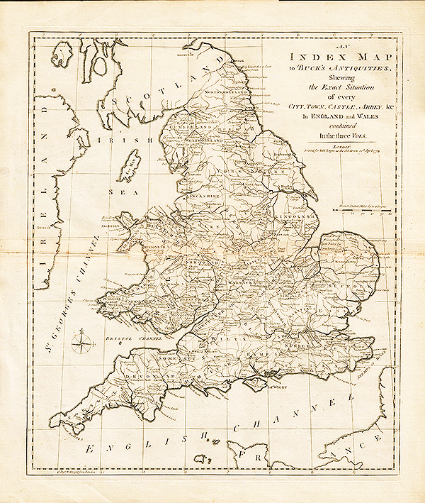 An Index Map to Buck's Antiquities Shewing the Exact Situation of every City Town Castle Abbey &c in England and Wales contained in the three Vols 