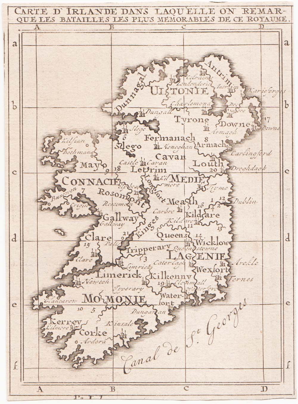 Henri Abraham Chatelain - Carte d'Irelande dans laqu'elle on remarque les Batailles les plus Memorables de ce Royaume.