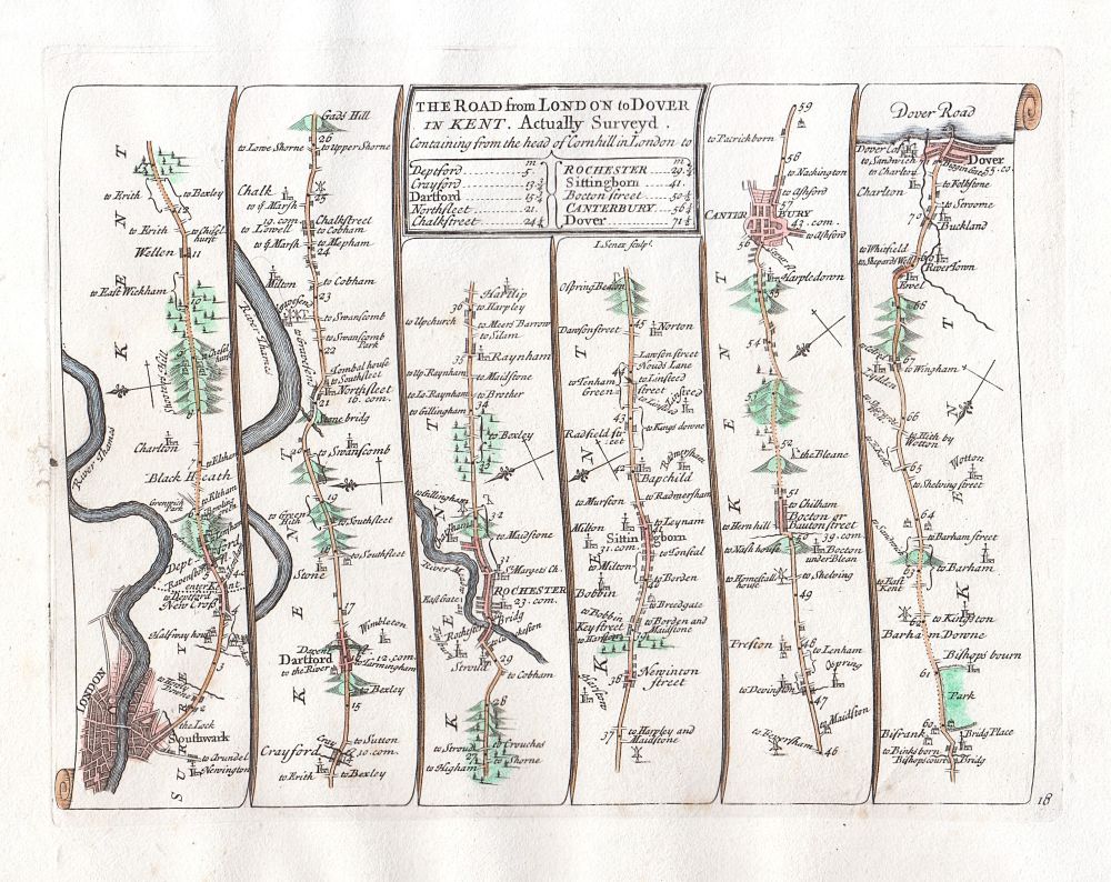 John Senex - The Road from London to Dover.