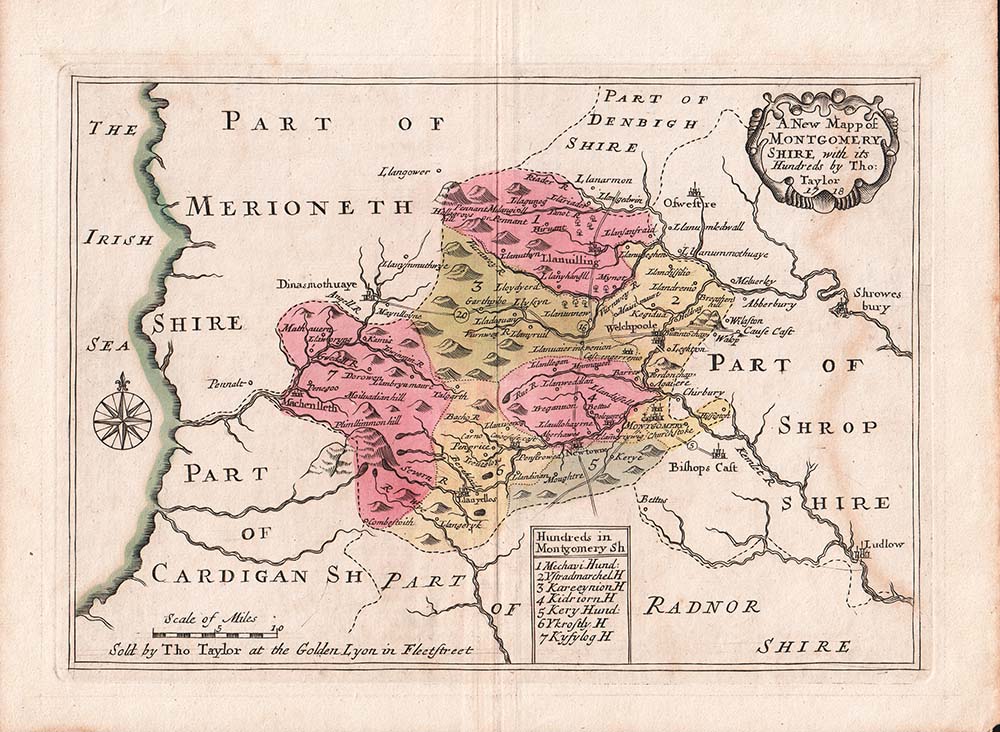 A New Mapp of Montgomeryshire with its Hundreds by Tho Taylor  1718
