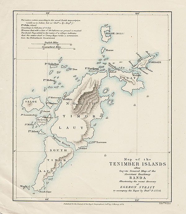 Map of the Tenimber Islands after Guyots General Map of the Assistant Residency Banda illustrating the recent discovery of Egeron Strait to accompany the Paper by Prof PJ Veth