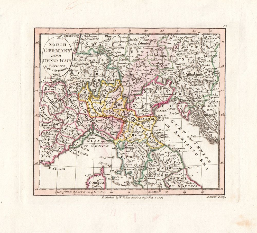 B. Baker  -  An antique map of South Germany and Upper Italy with its New Divisions 1803..