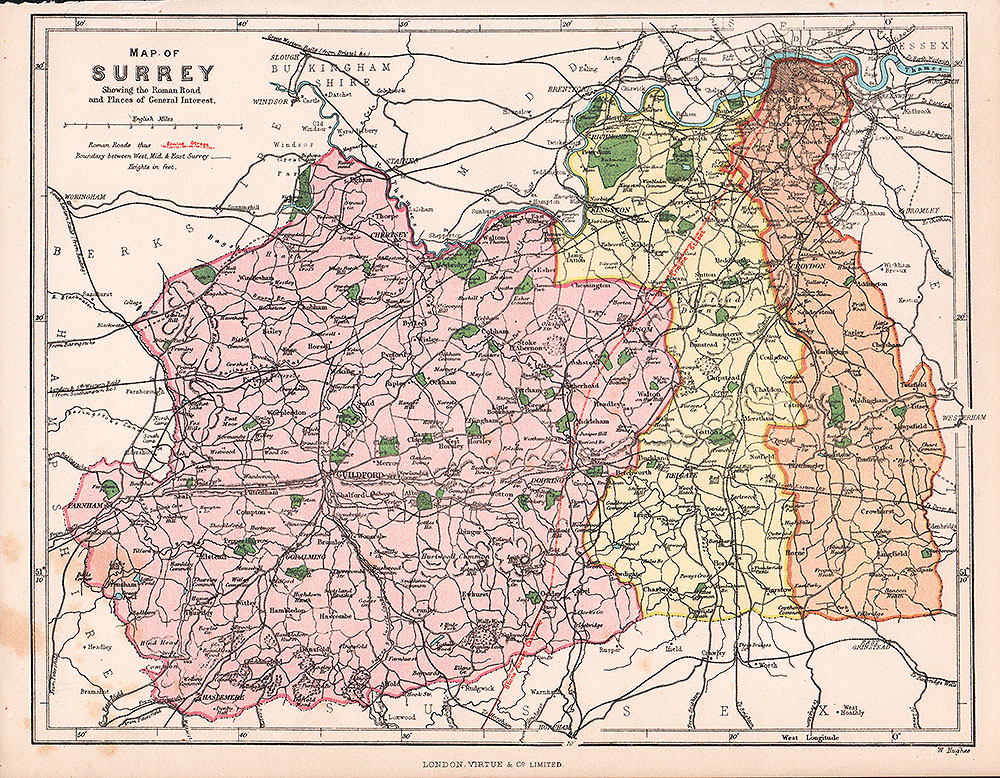 W Hughes  -  Map of Surrey showing the Roman Road and Places  of General Interest