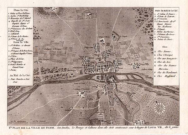 1ER Plan de la Ville de Paris  Son é tendue les Bourgs et Cultures dont elle é toit environné e sous le Regne de LOUIS VII dit le jeune 