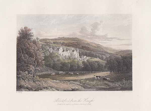 Abbotsford from the Haugh  Sir Walter Scott and his dog Bran in the foreground