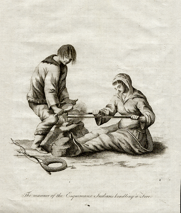 The manner of the Esquimaux Indians kindling a fire.