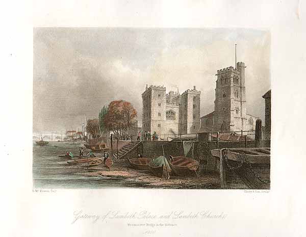 Gateway of Lambeth Palace and Lambeth Church  Westminster Bridge in the distance 1850