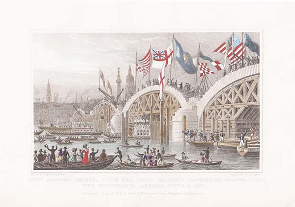New London Bridge with The Lord Mayor's Procession passing the unfinished arches Nov 9th 1827 