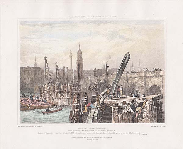 Old London Bridge with Coffer Dams The tower of St Magnus Church &c  