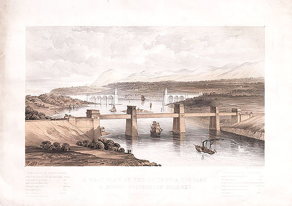 A West View of the Britannia Tubular & Menai Suspension Bridges